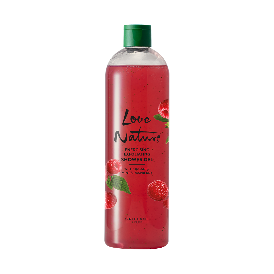 Gel de Ducha Exfoliante y Energizante con Menta y Frambuesa Orgánicas Love Nature